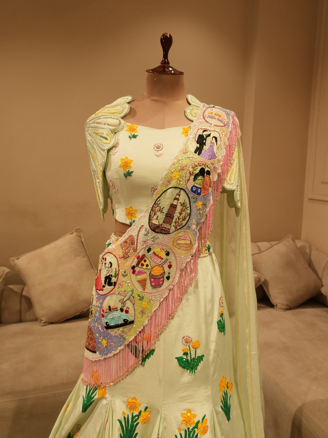 Pastel pista green handpainted lehenga set