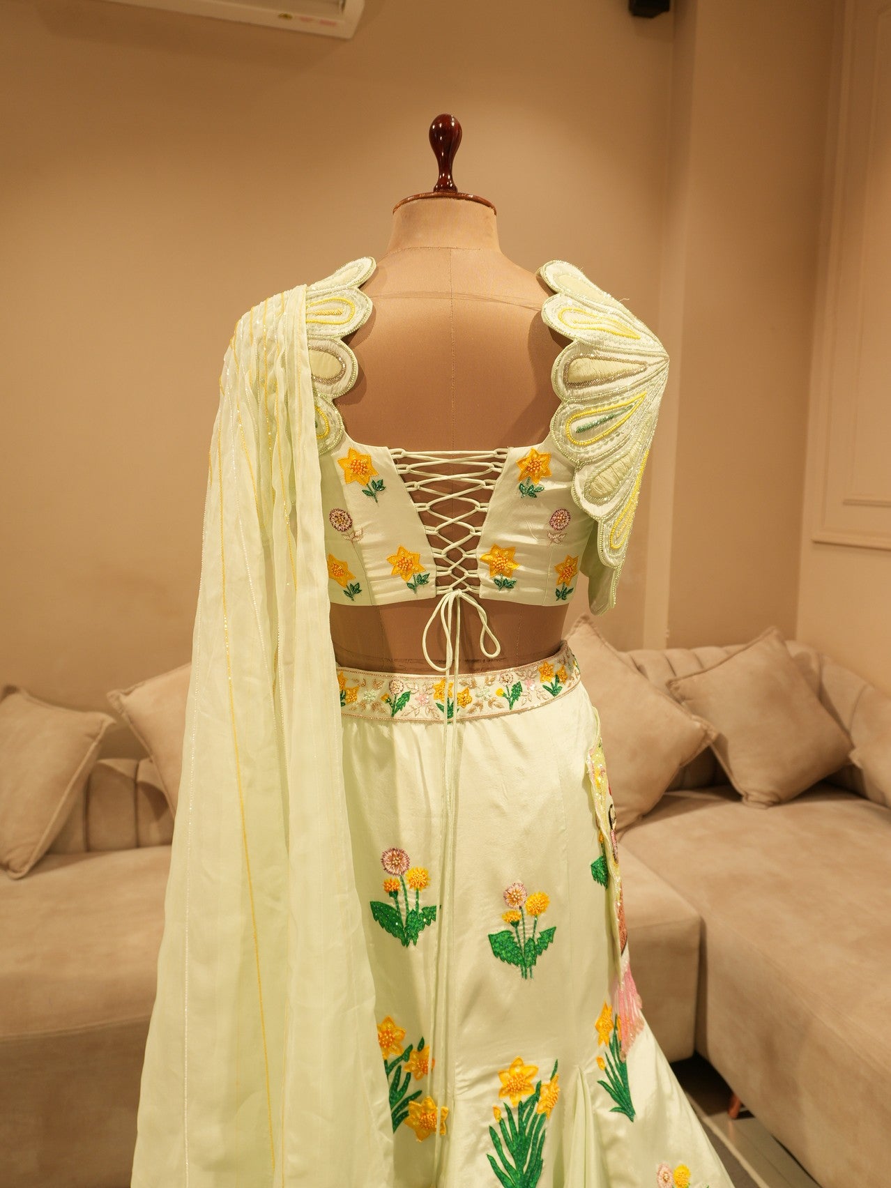 Pastel pista green handpainted lehenga set