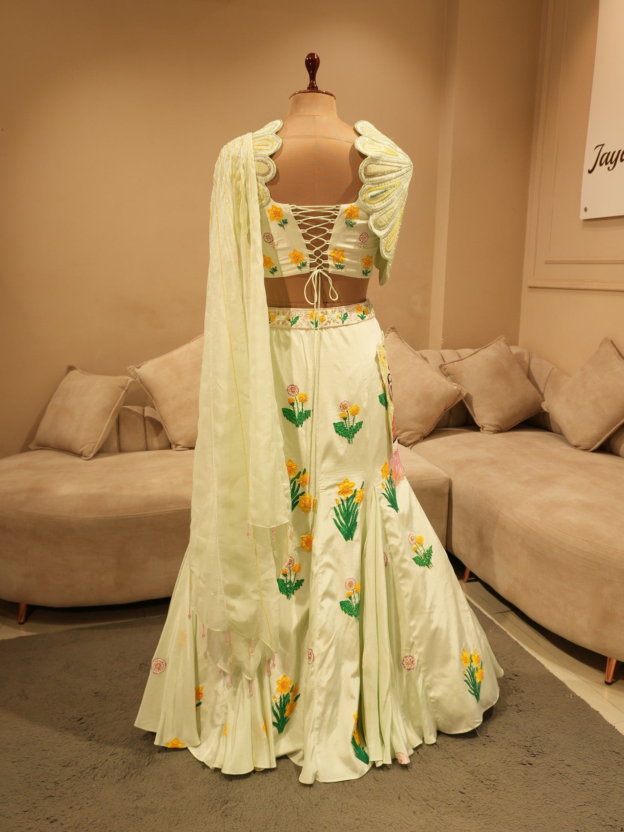 Pastel pista green handpainted lehenga set