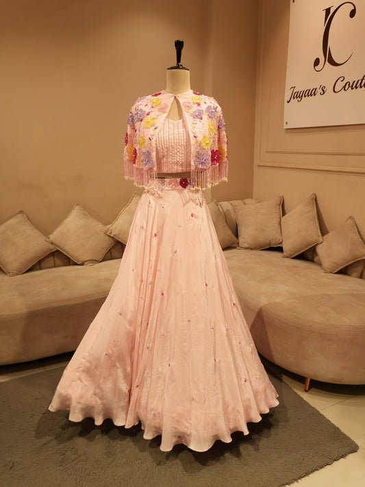 Rose pink cape top skirt set