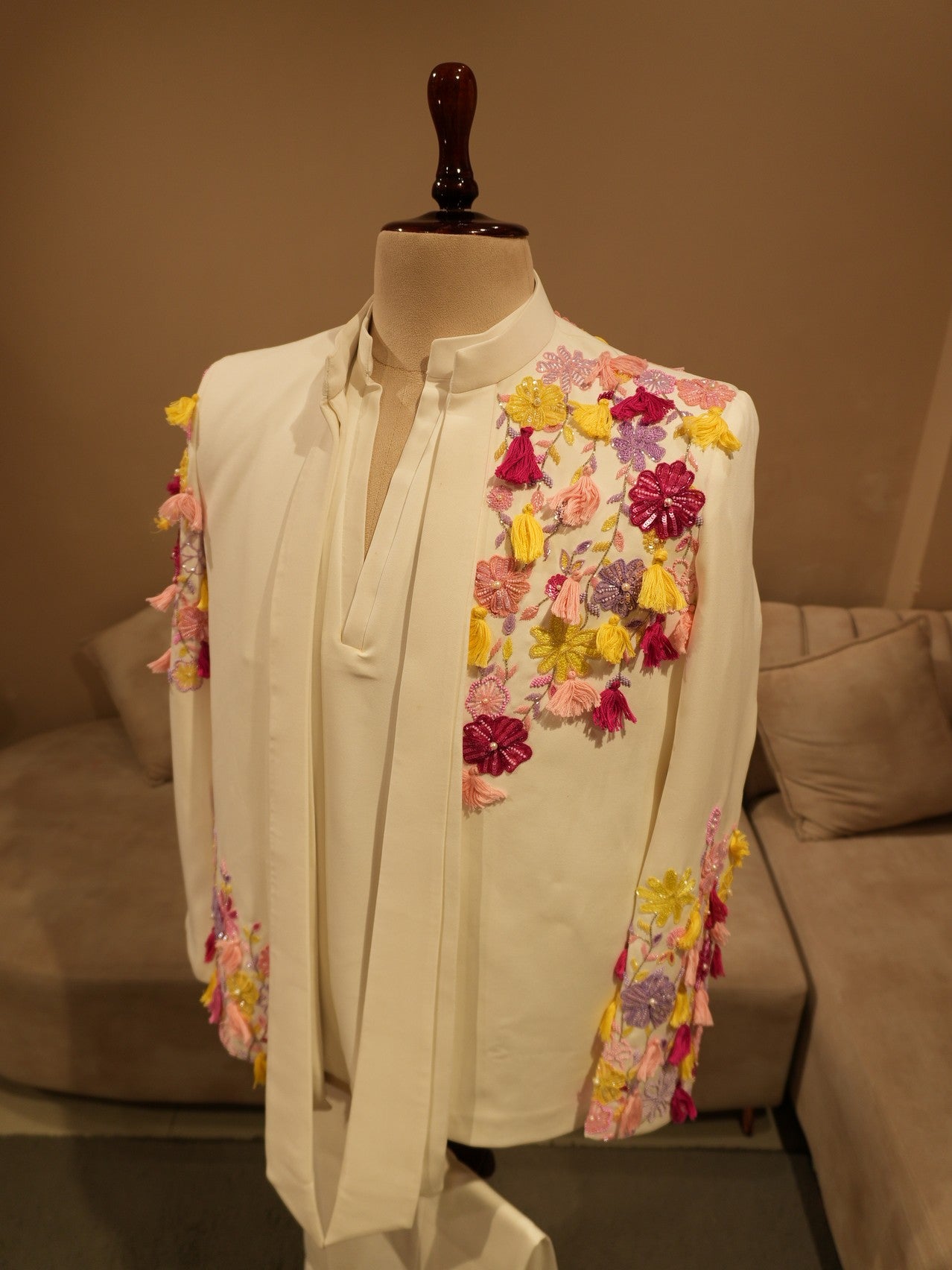 White embroidered mens indo western