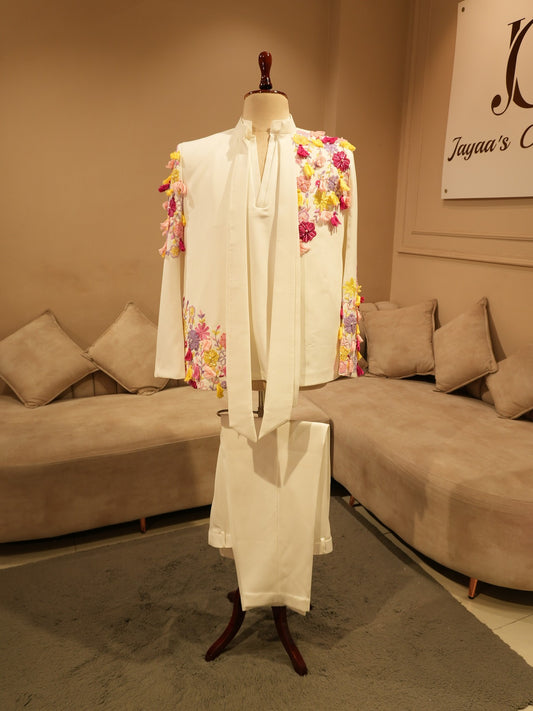 White embroidered mens indo western
