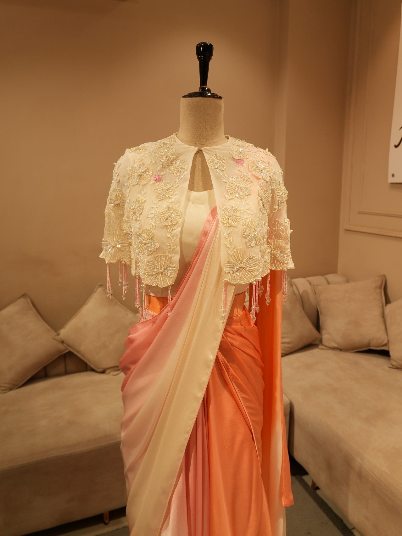 Peach pink shaded drape saree