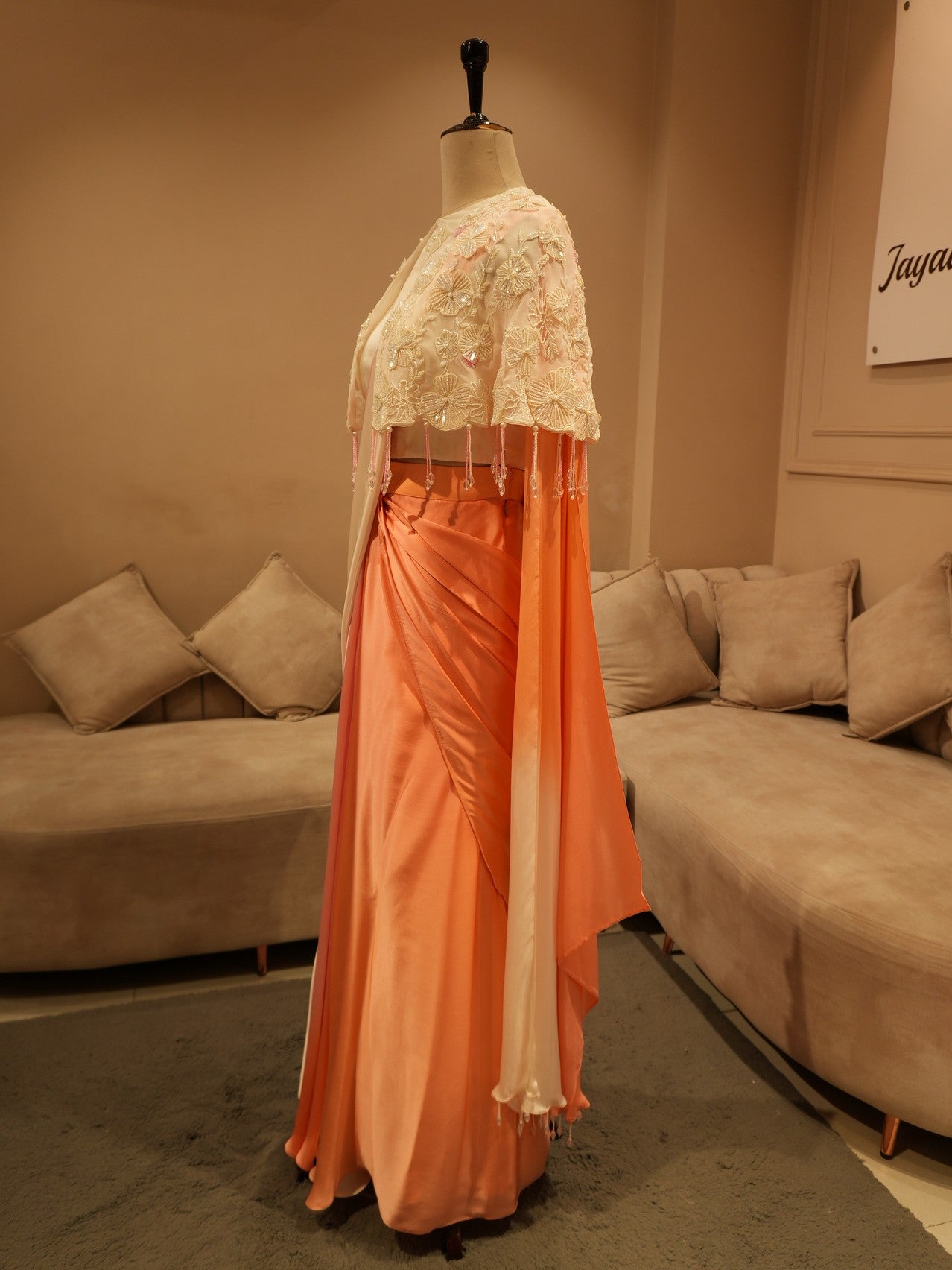 Peach pink shaded drape saree