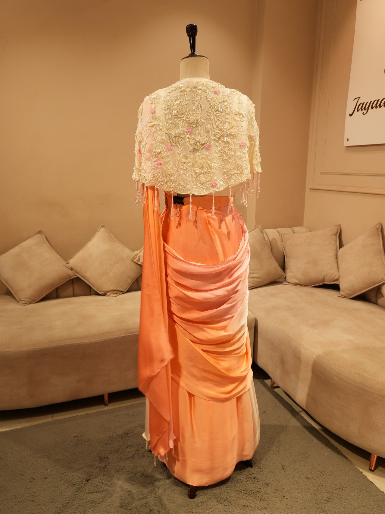 Peach pink shaded drape saree