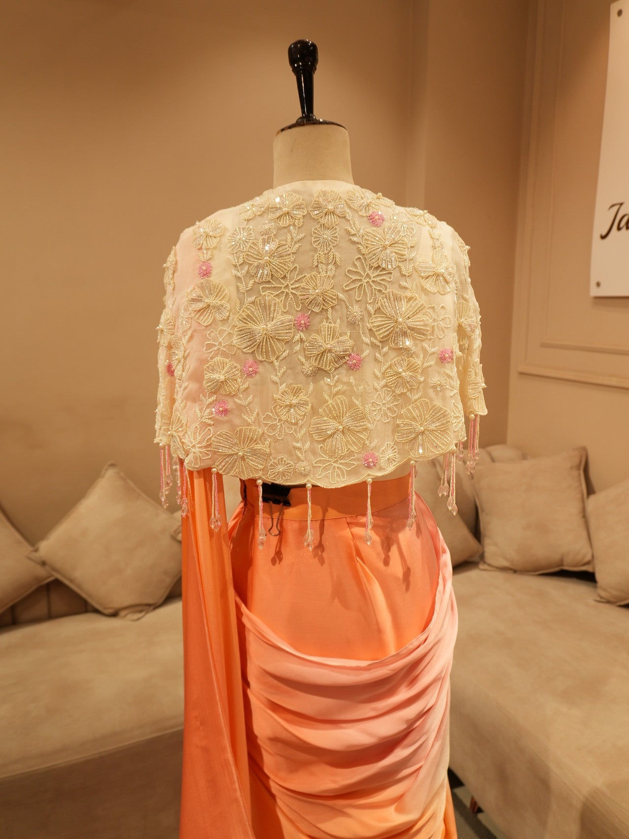Peach pink shaded drape saree