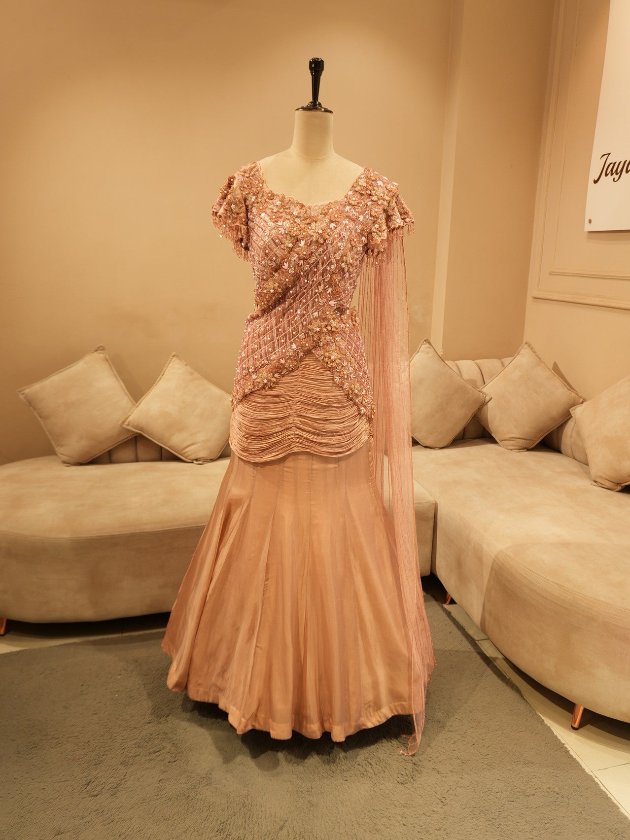 Champagin gold drape lehenga set
