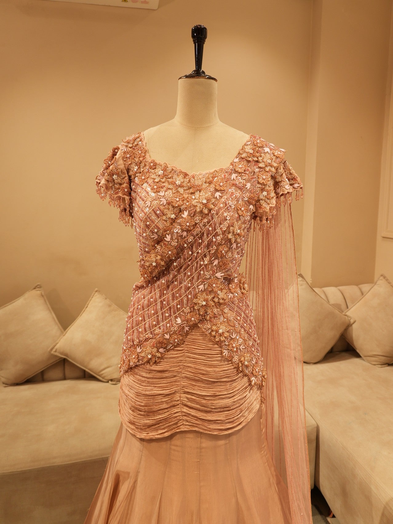 Champagin gold drape lehenga set