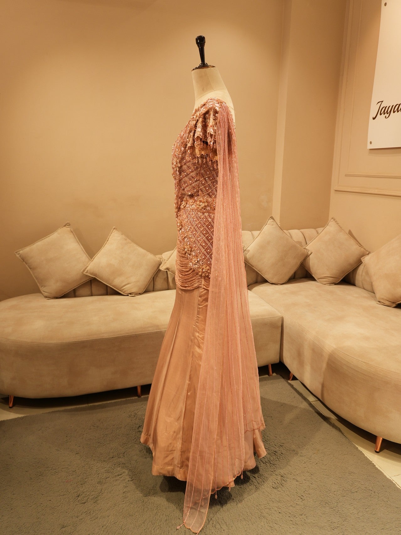 Champagin gold drape lehenga set