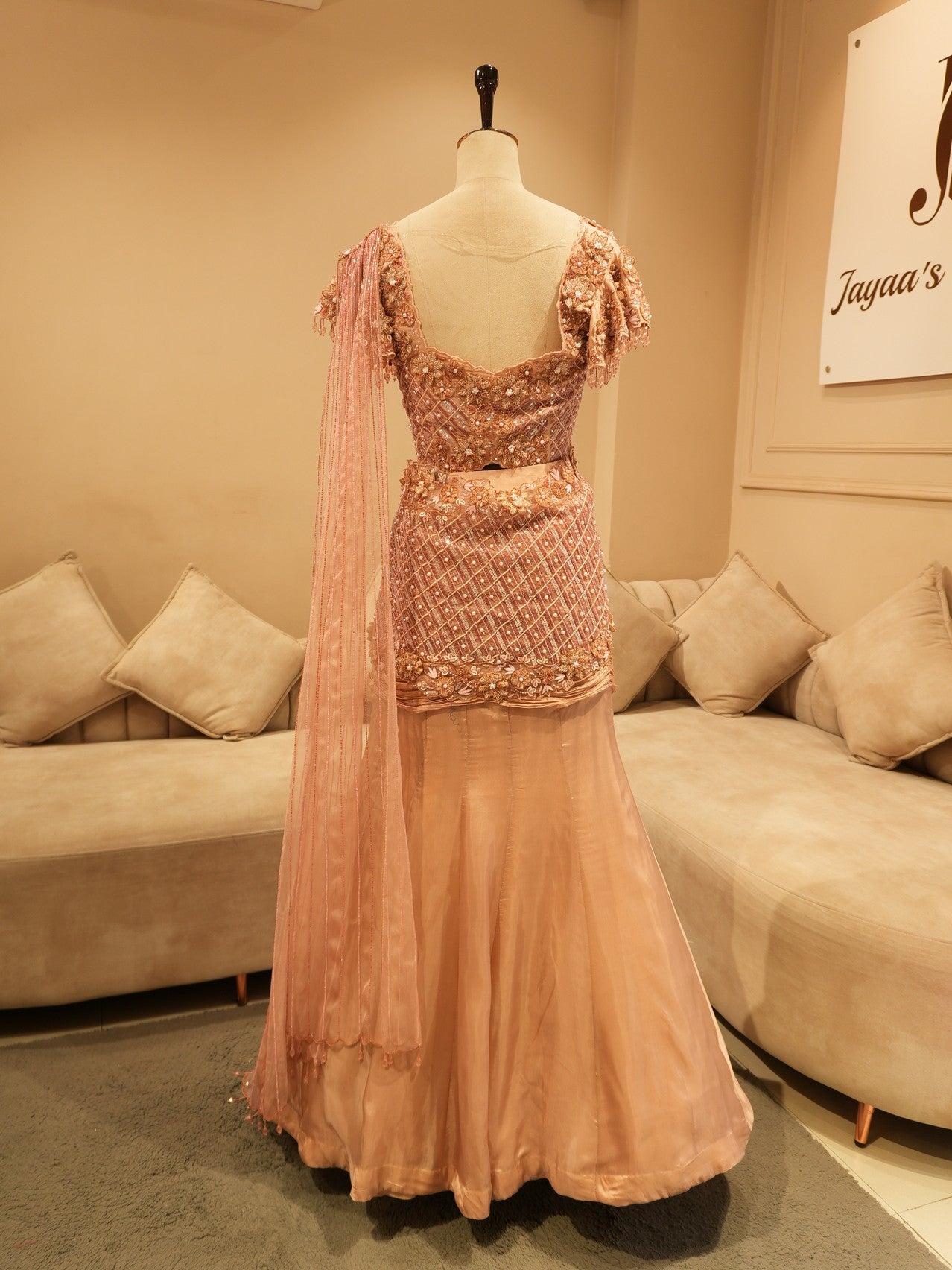 Champagin gold drape lehenga set