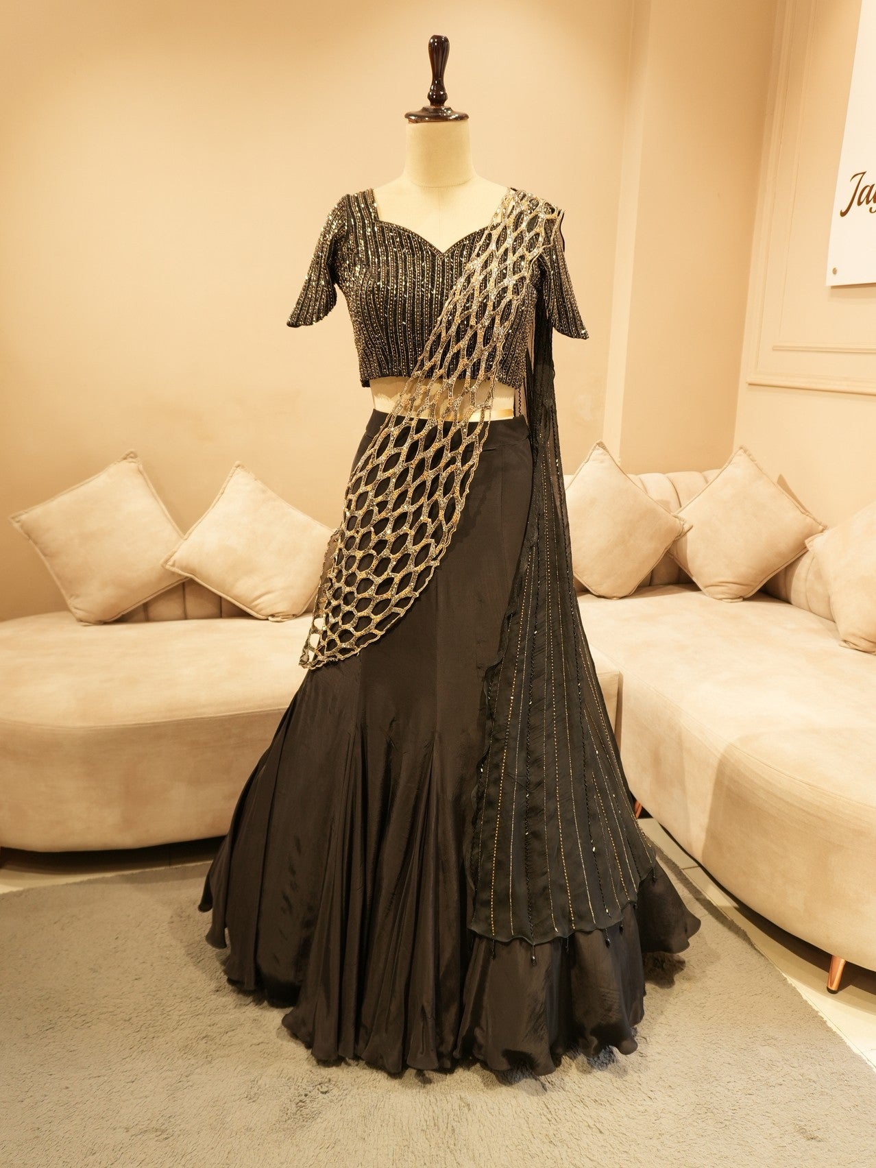 Mid night black drape lehenga set
