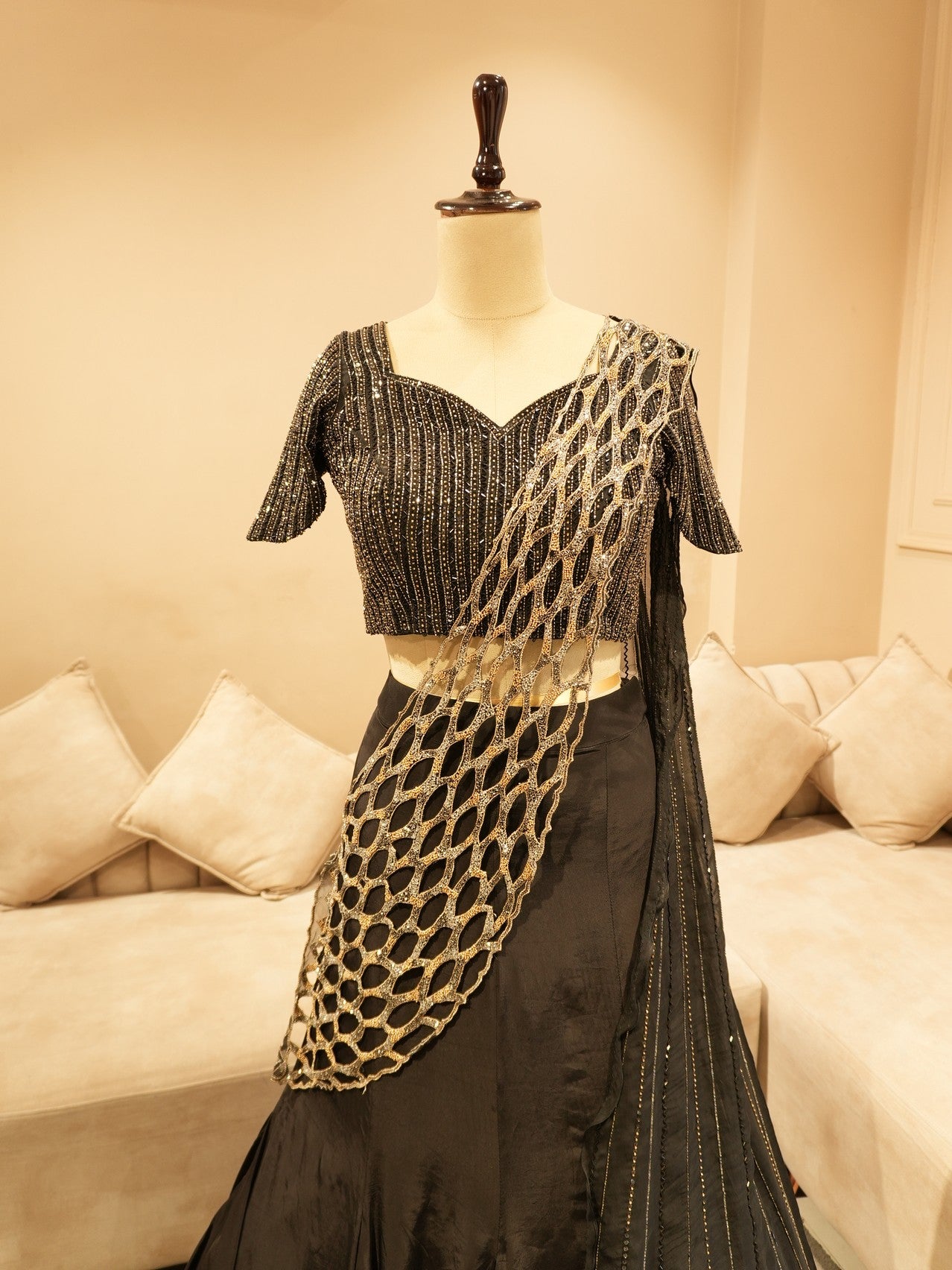 Mid night black drape lehenga set
