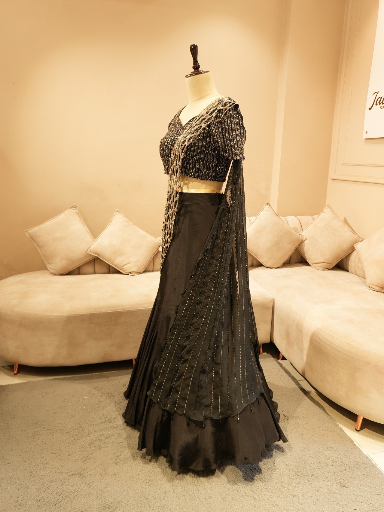 Mid night black drape lehenga set