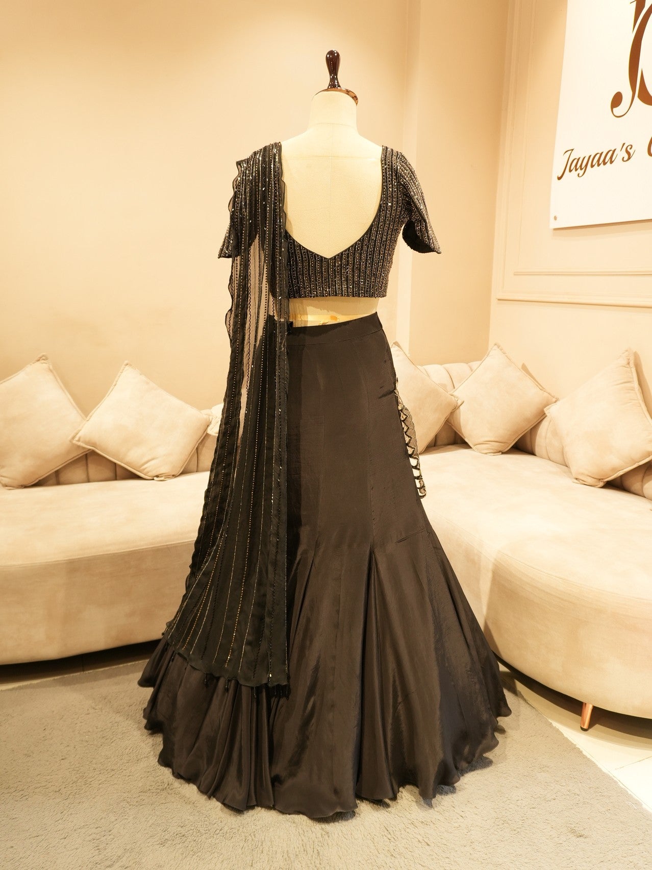 Mid night black drape lehenga set