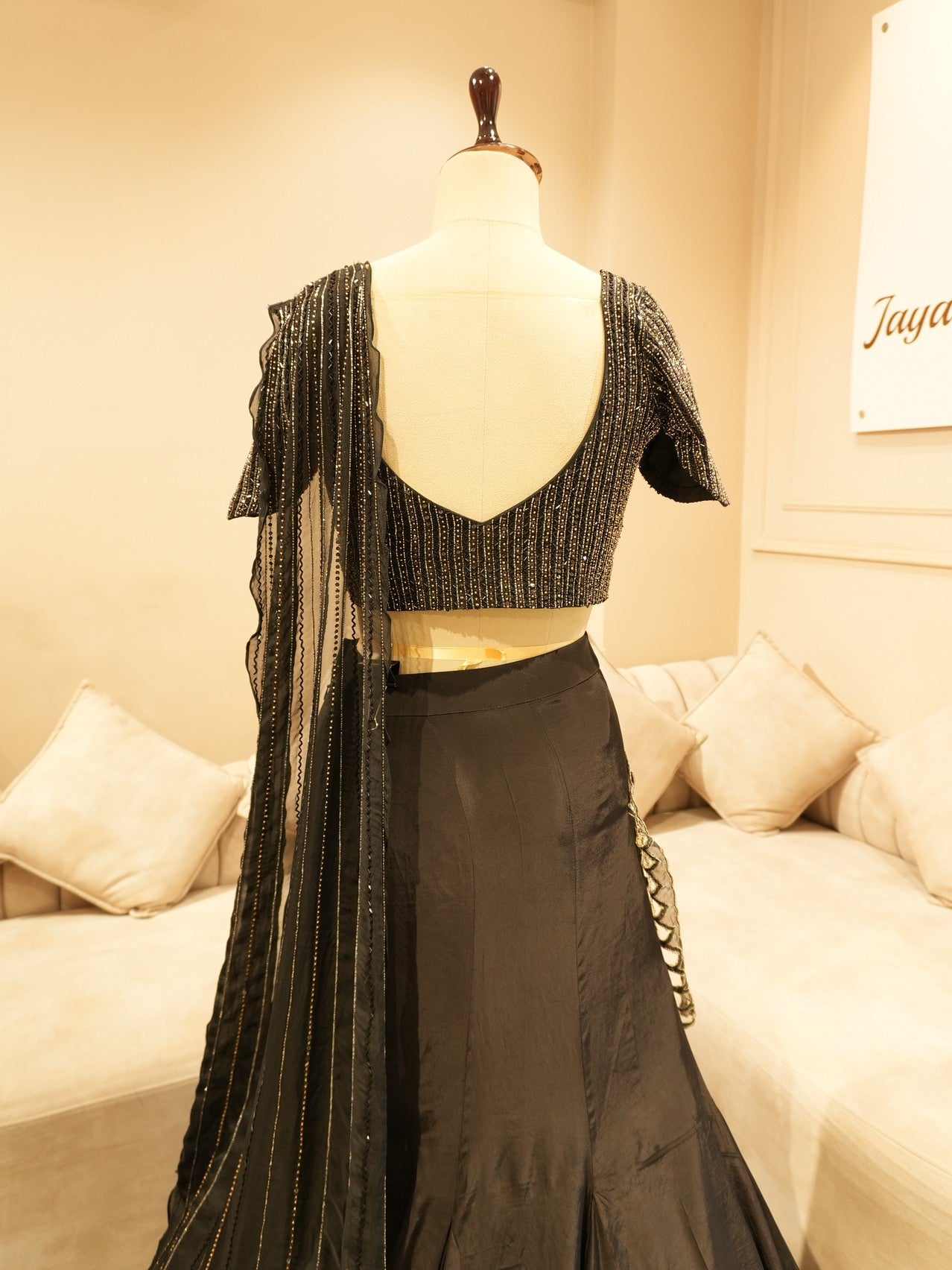 Mid night black drape lehenga set