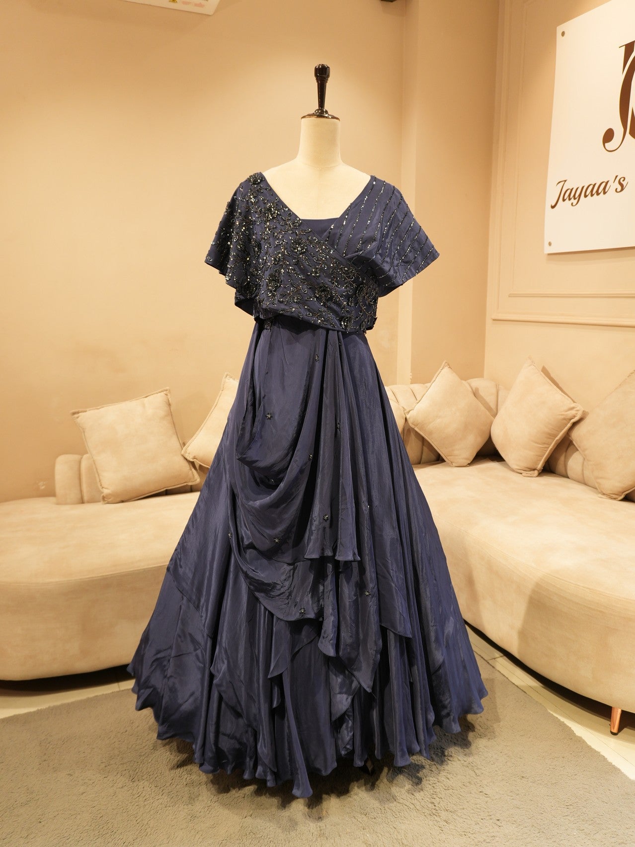 Ink blue drape cape top with skirt