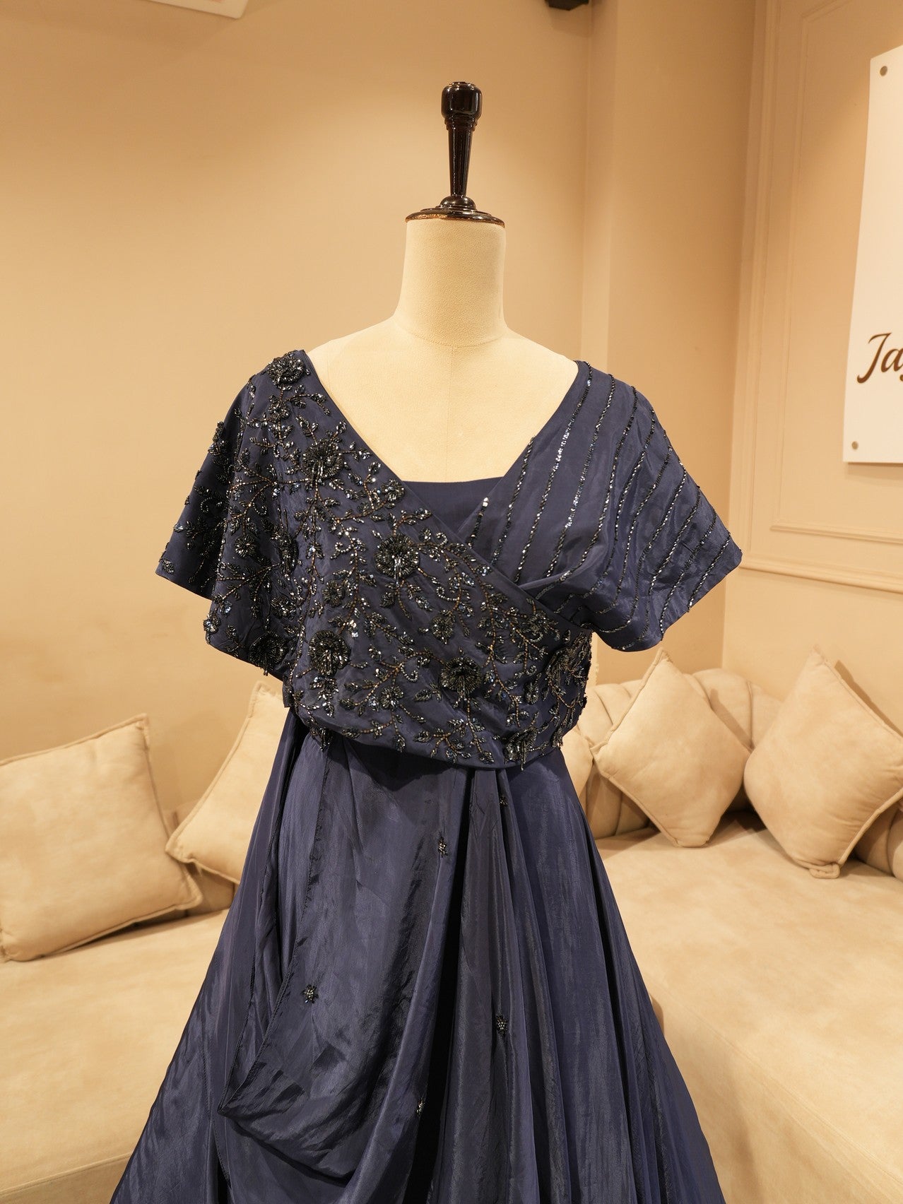 Ink blue drape cape top with skirt