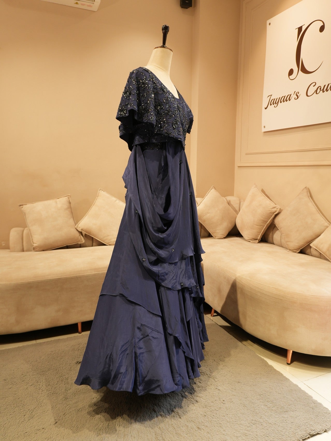 Ink blue drape cape top with skirt