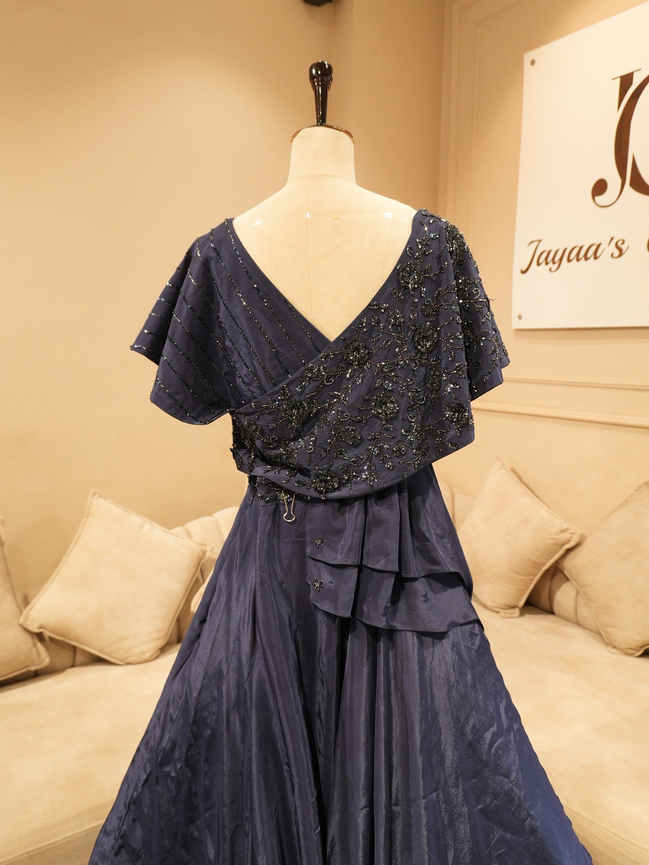 Ink blue drape cape top with skirt