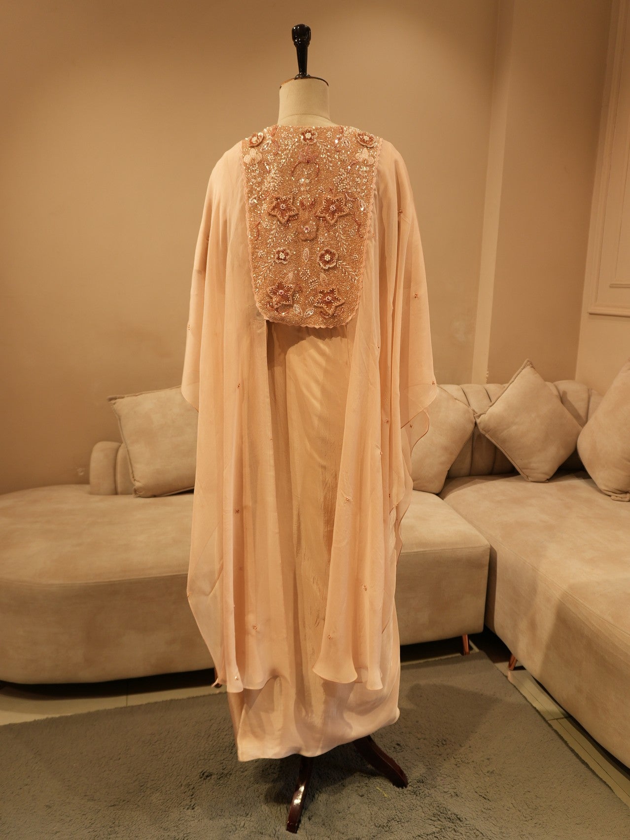 Beige 3d cape with crop top skirt