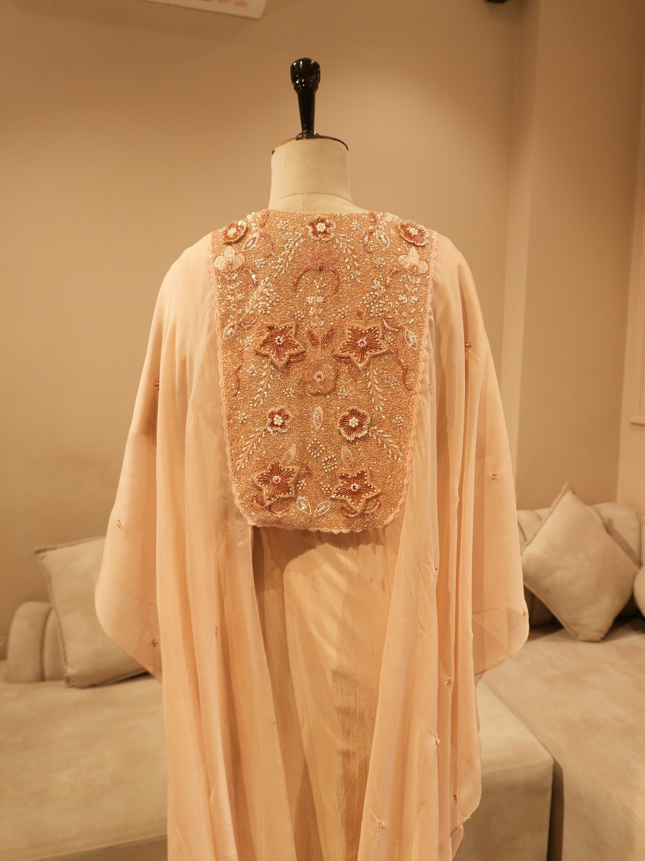 Beige 3d cape with crop top skirt
