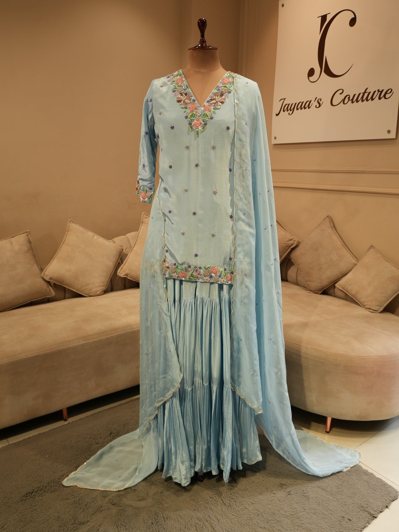 Powder blue kurta skirt dupatta