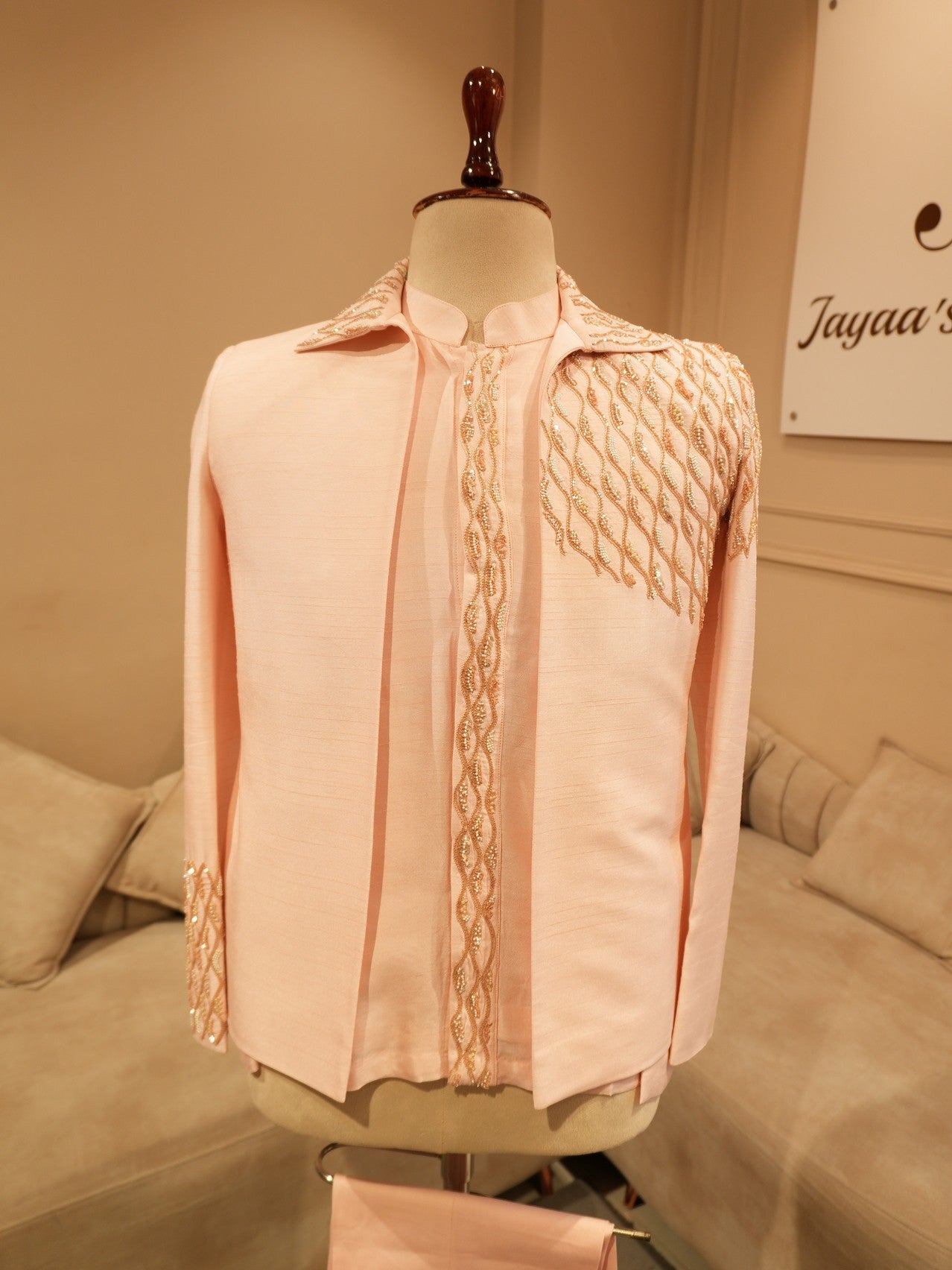 Peach mens embroidered indo western