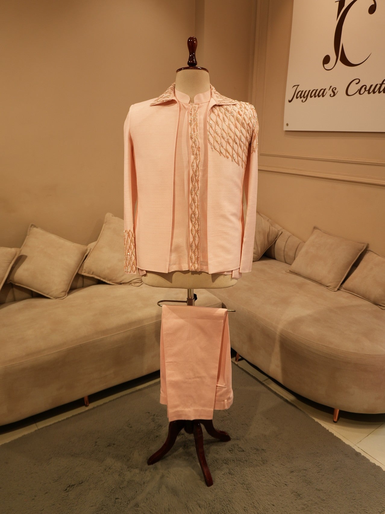 Peach mens embroidered indo western