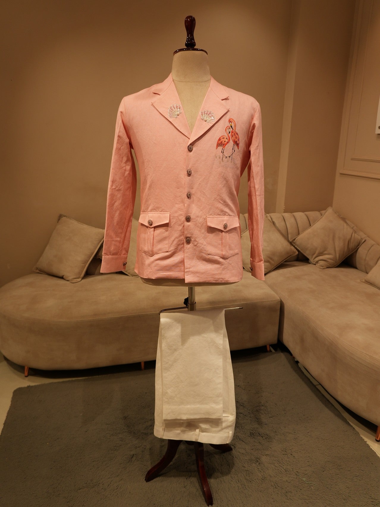 Pastel rose pink custome mens blazer shirt pant