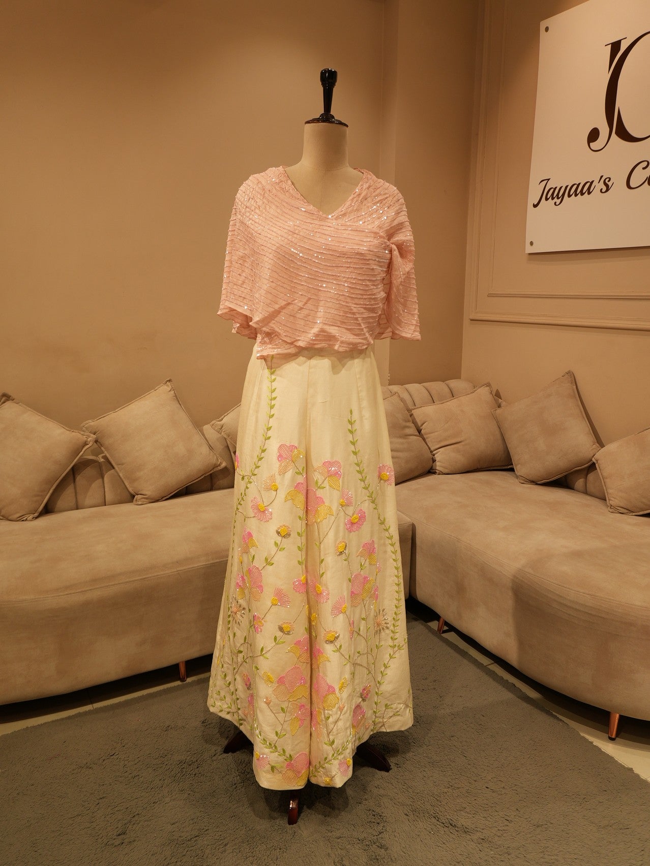 Blush pink embroidered cape top with plazo