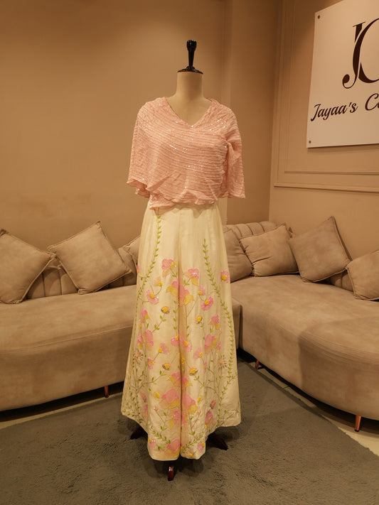 Blush pink embroidered cape top with plazo
