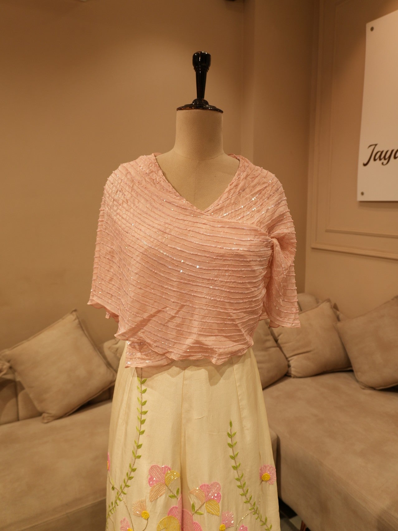 Blush pink embroidered cape top with plazo