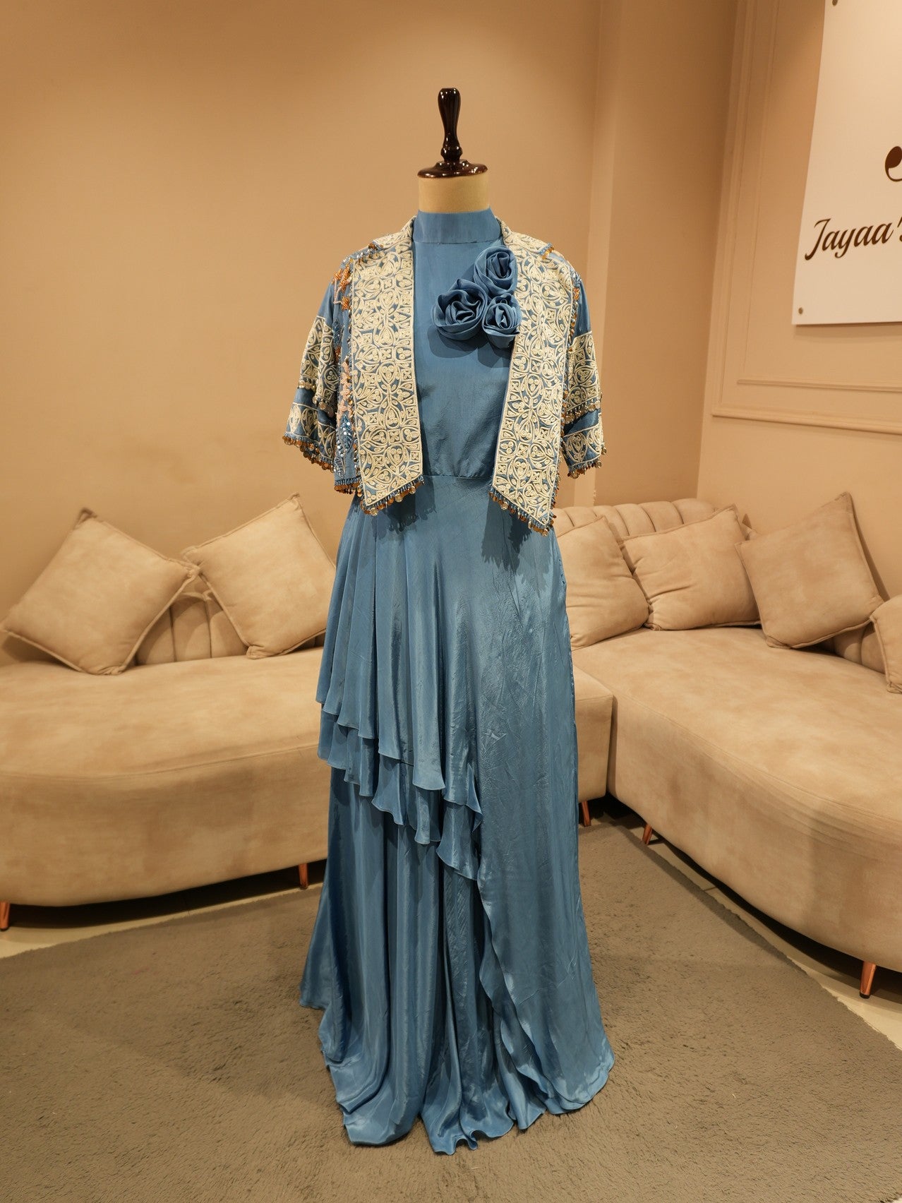 Blue embroidered cape with gown