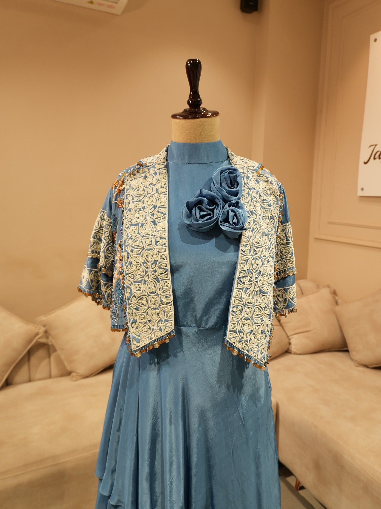 Blue embroidered cape with gown