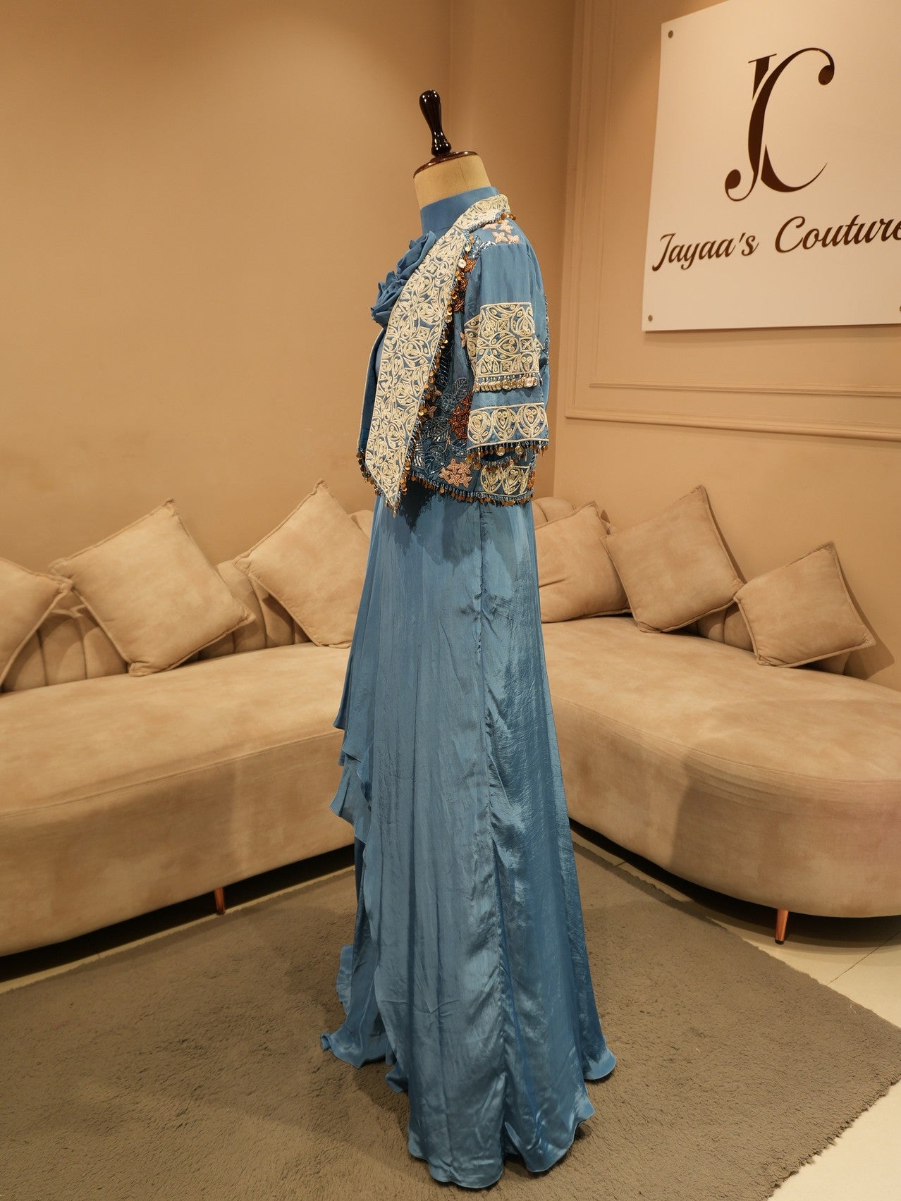 Blue embroidered cape with gown