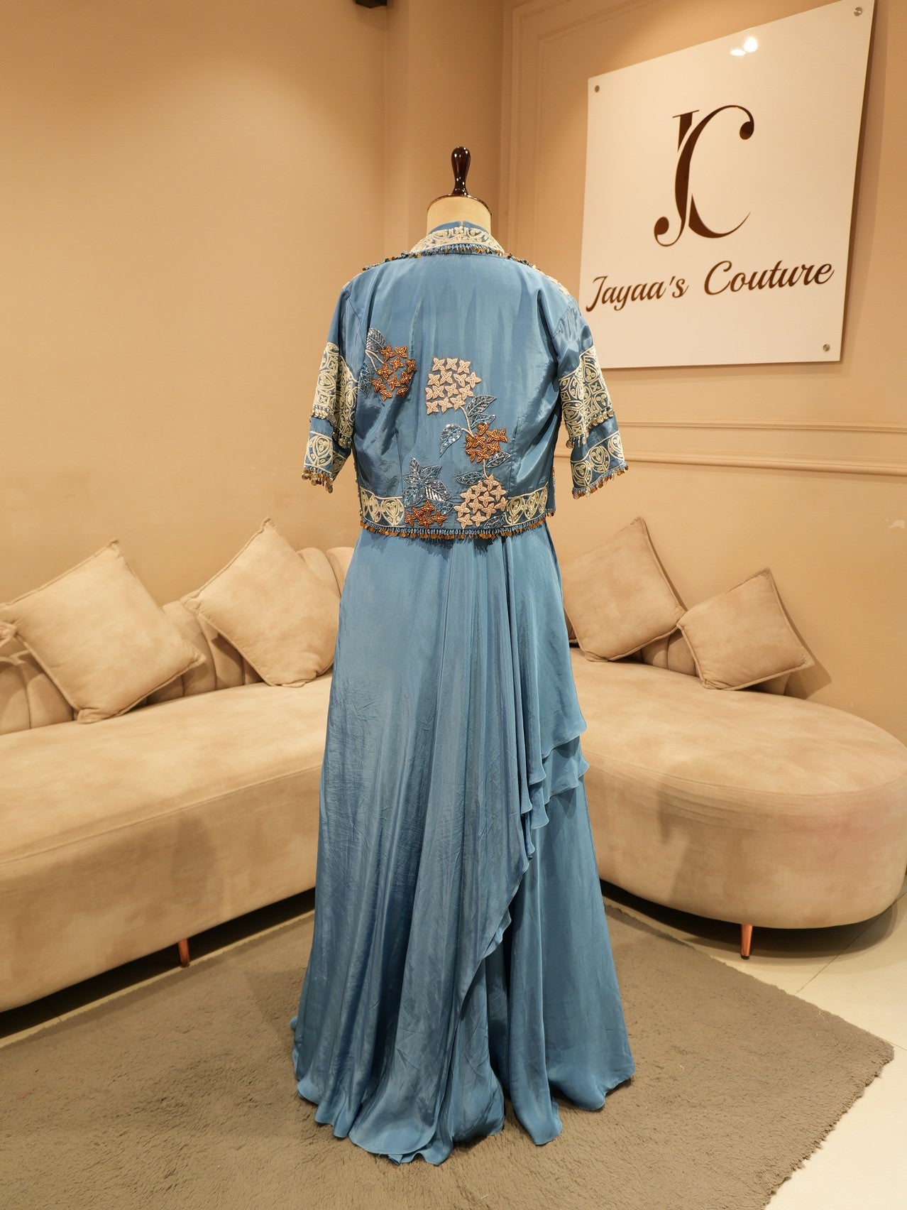 Blue embroidered cape with gown