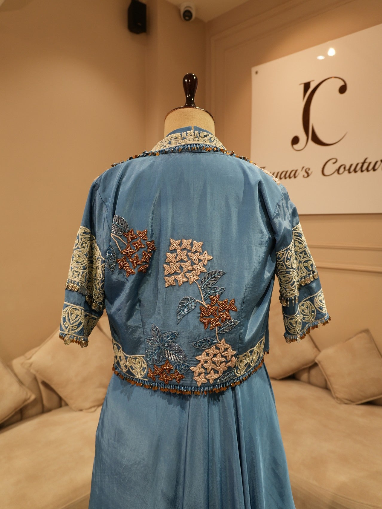 Blue embroidered cape with gown
