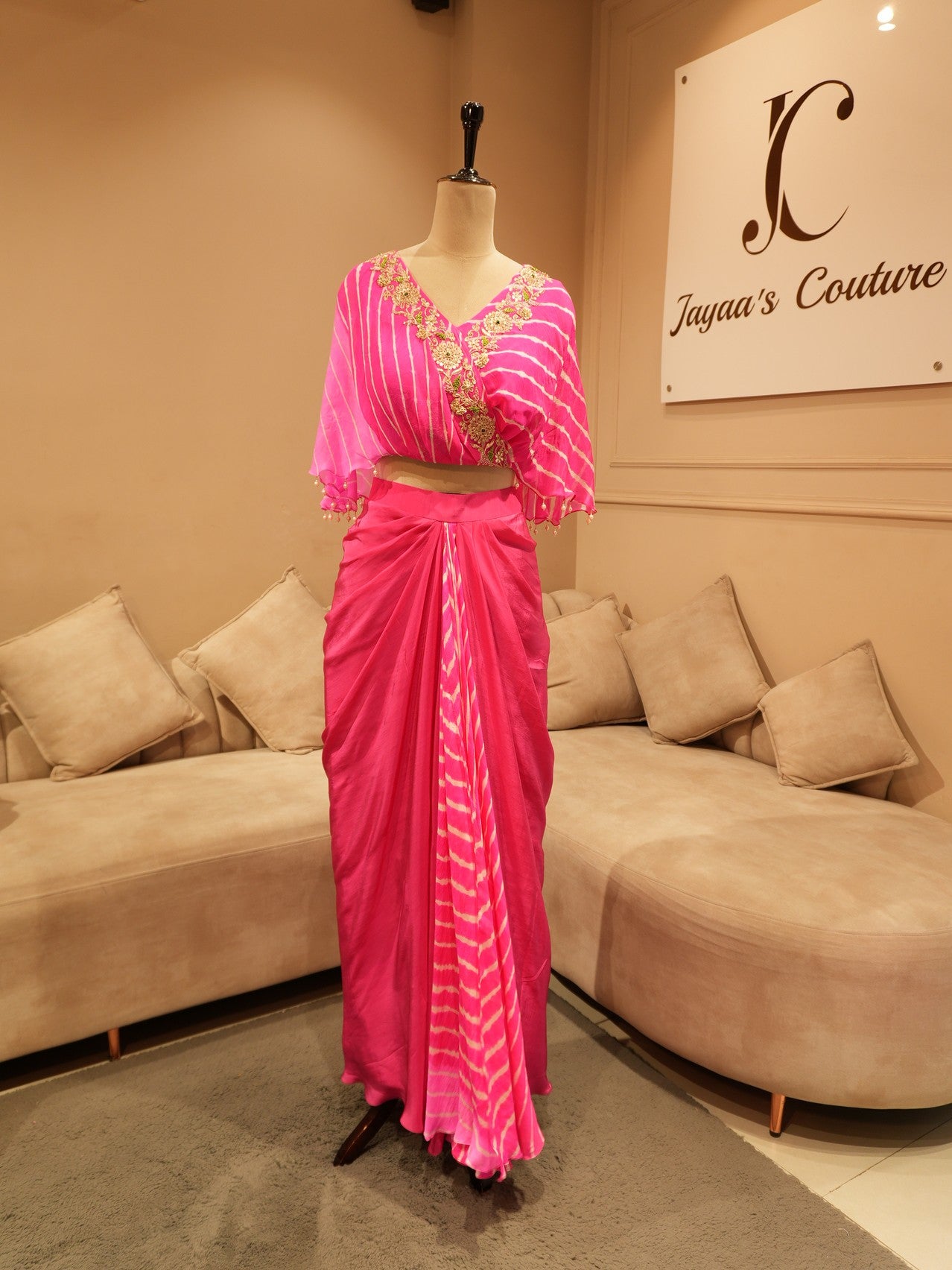 Magenta pink leheriya cape top with drape skirt