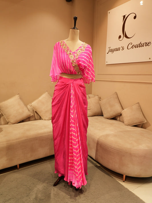 Magenta pink leheriya cape top with drape skirt