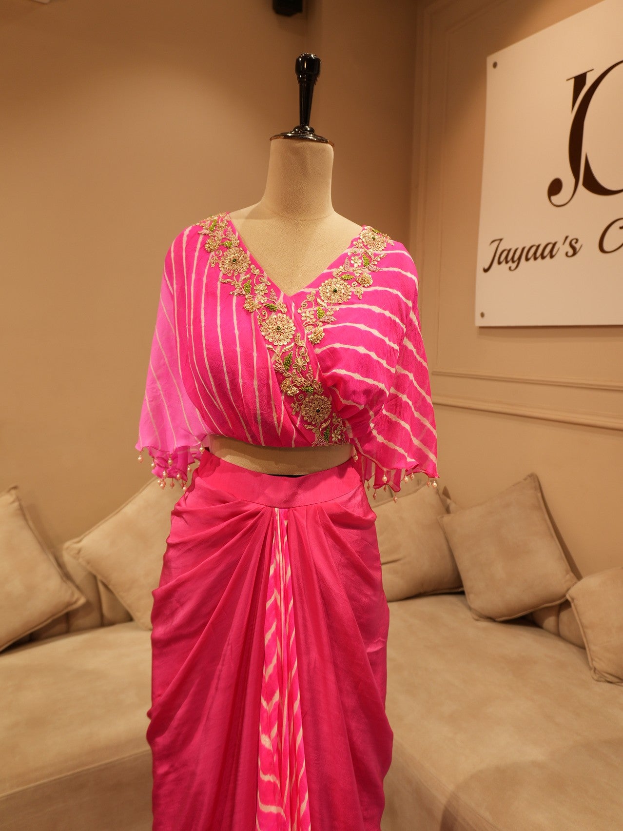 Magenta pink leheriya cape top with drape skirt