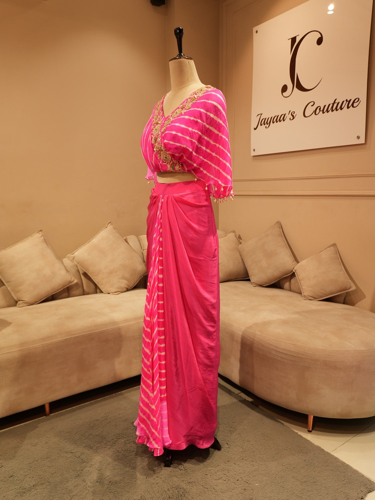 Magenta pink leheriya cape top with drape skirt