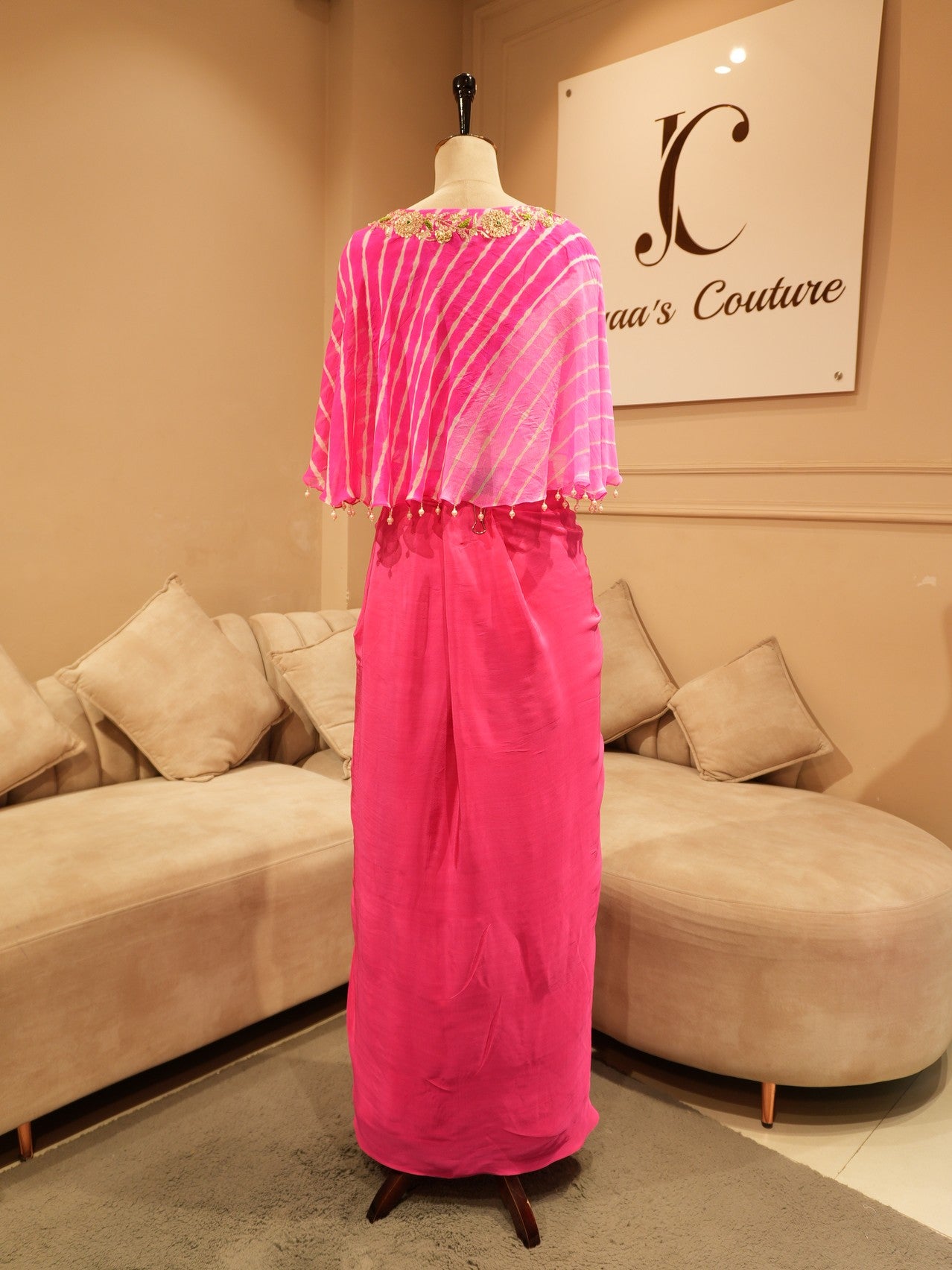 Magenta pink leheriya cape top with drape skirt