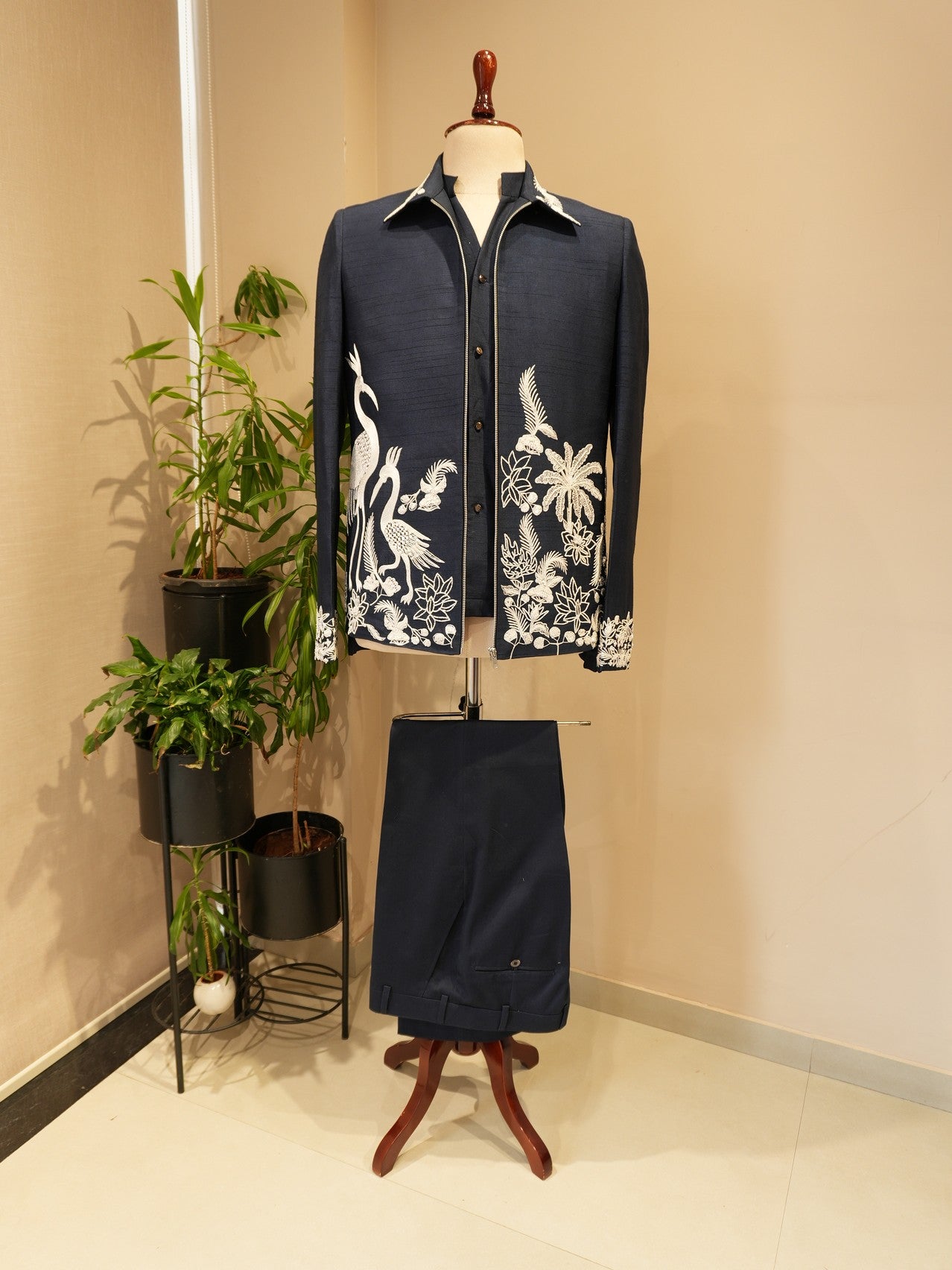 Ink blue embroidered mens indo western  set