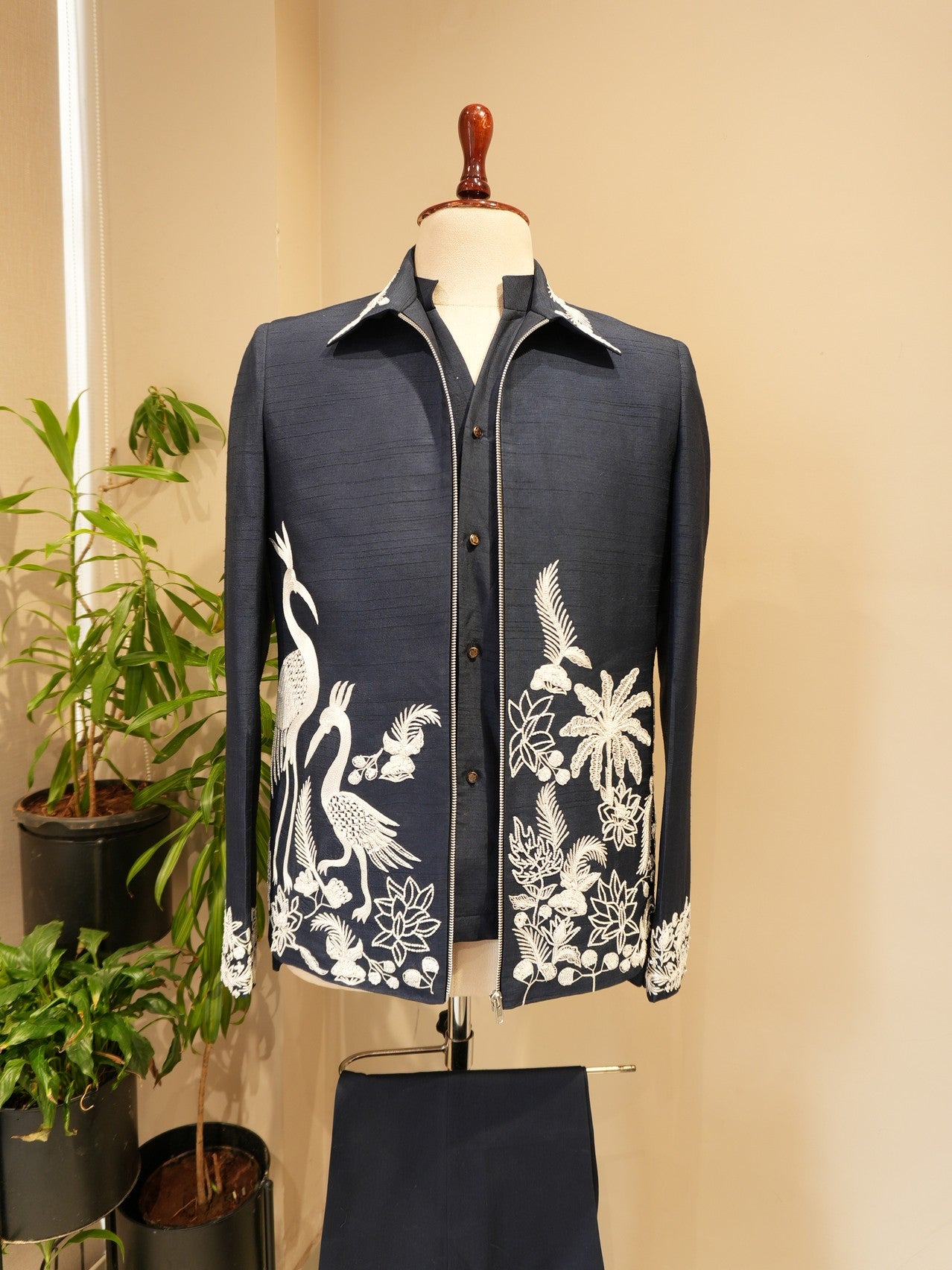 Ink blue embroidered mens indo western  set