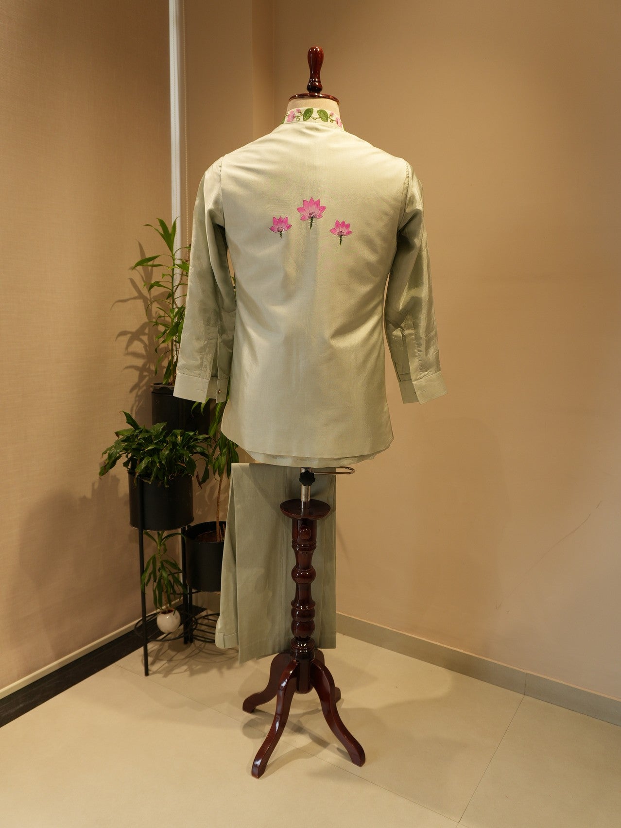 Olive green pichwai hand painted mens neheru jacket with kurta pants