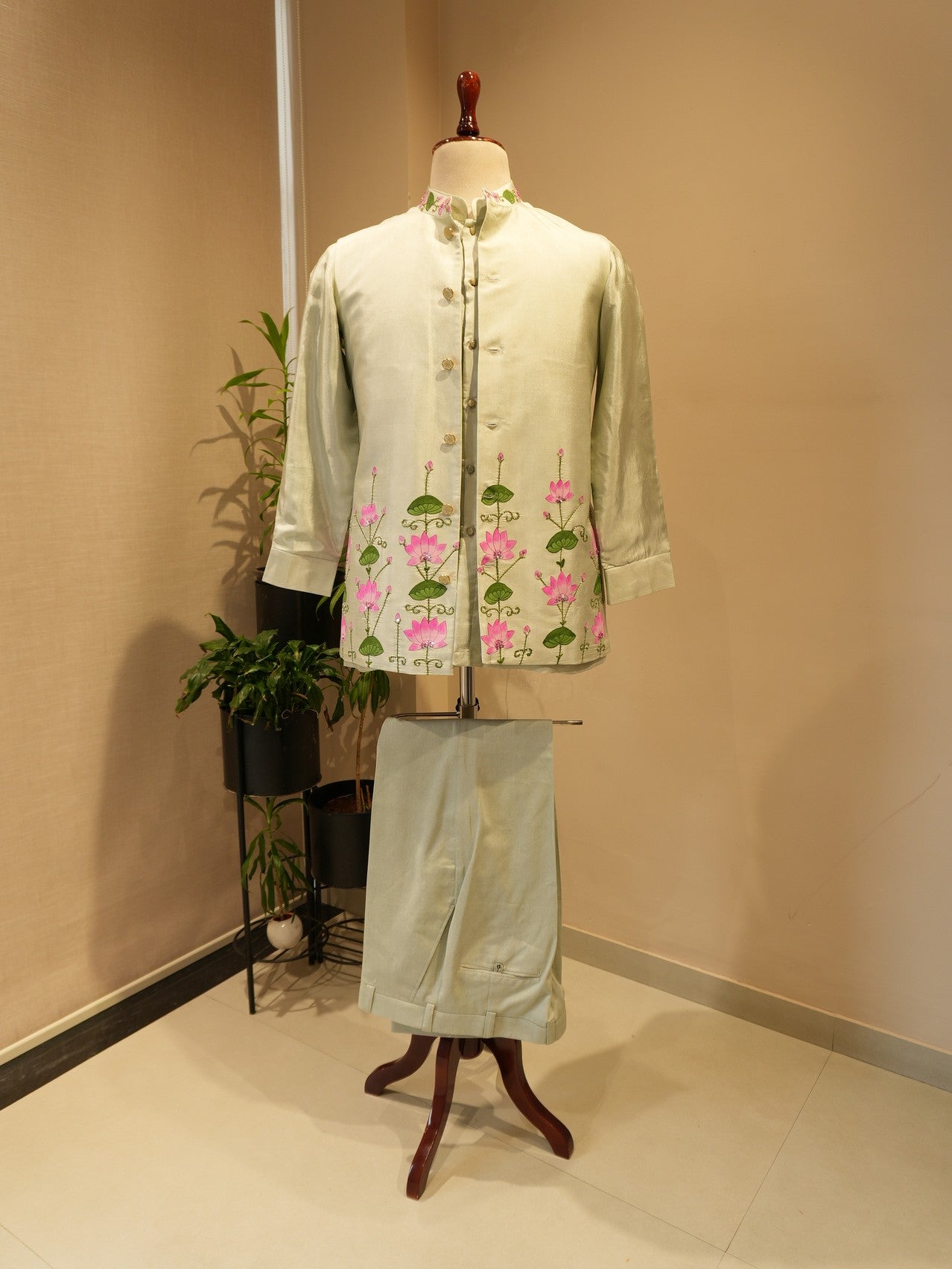 Olive green pichwai hand painted mens neheru jacket with kurta pants