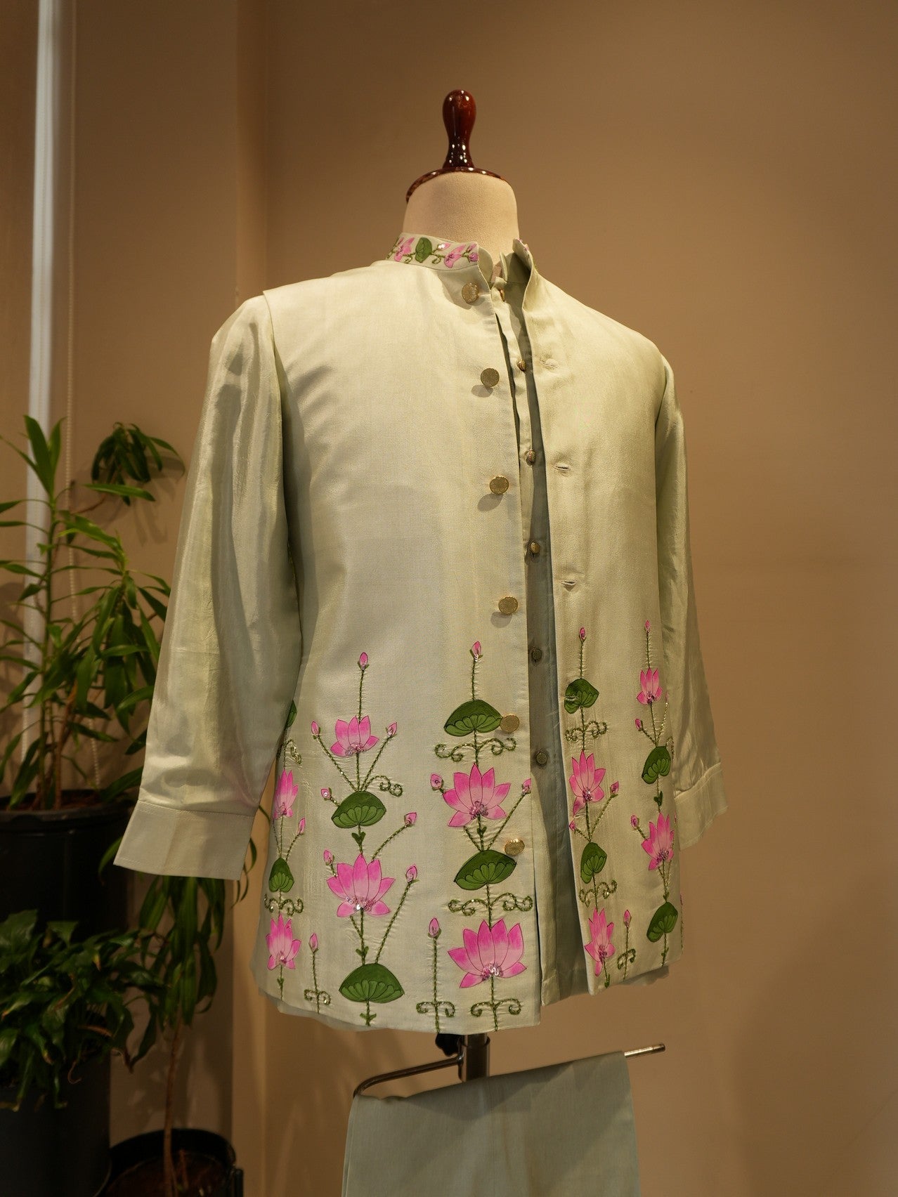 Olive green pichwai hand painted mens neheru jacket with kurta pants