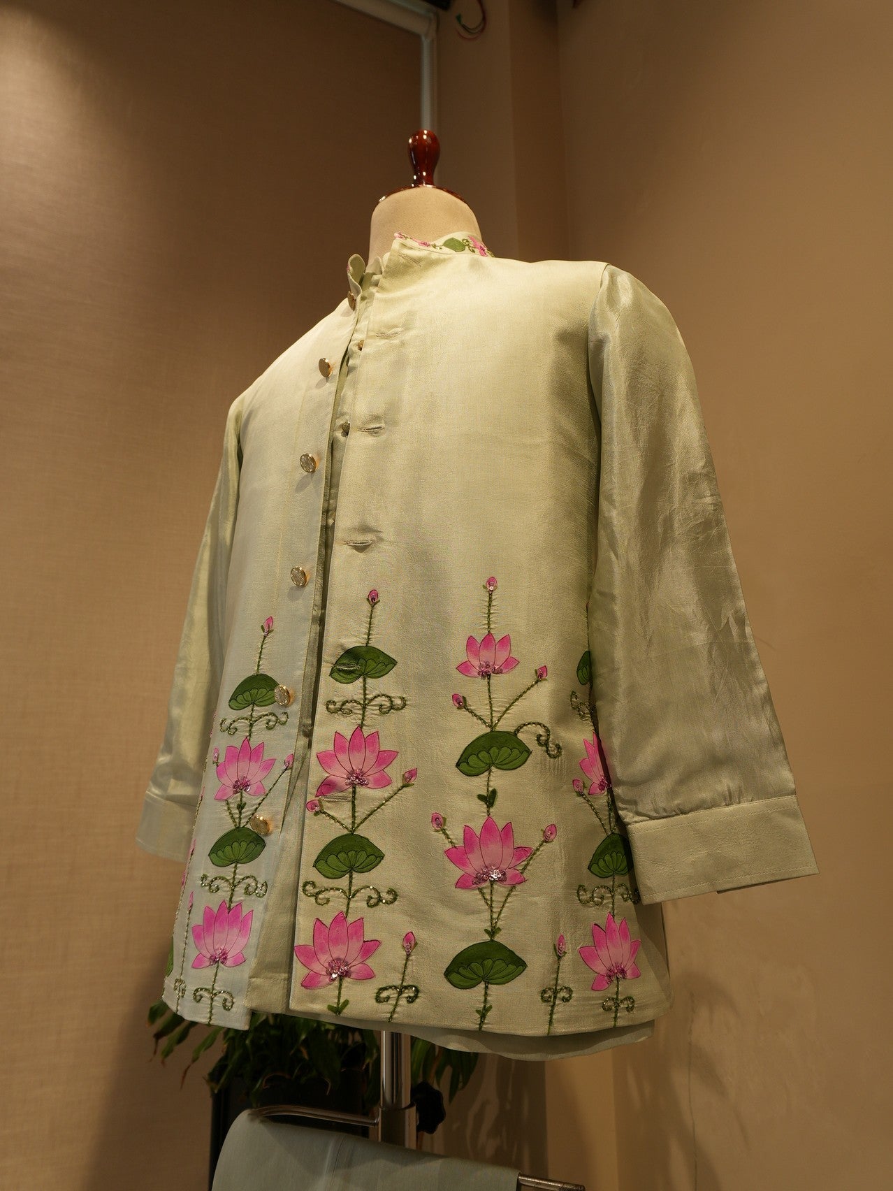 Olive green pichwai hand painted mens neheru jacket with kurta pants