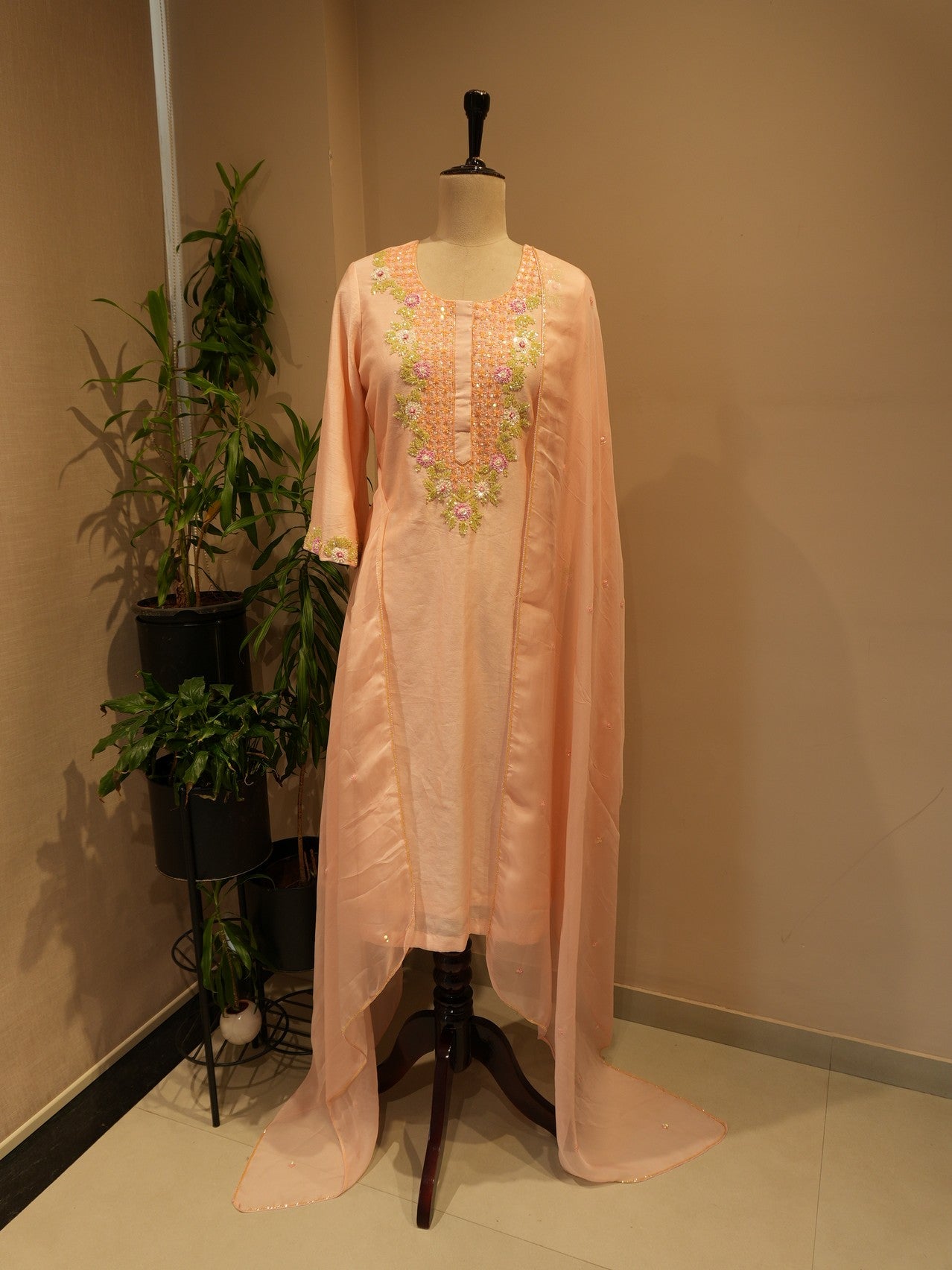 Peach embroidered kurta pants dupatta