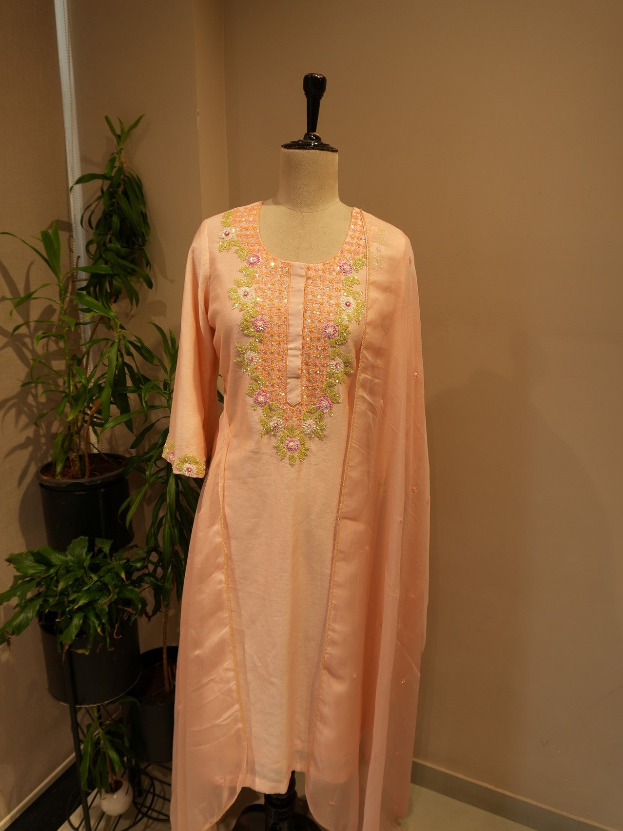 Peach embroidered kurta pants dupatta